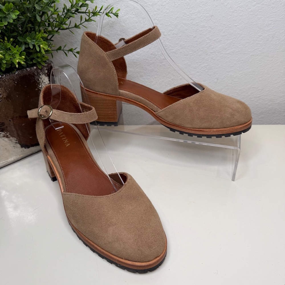 Patina Portland Leather Suede Mary Jane Tan Lug Sole D'Orsay Block Heel 11 US